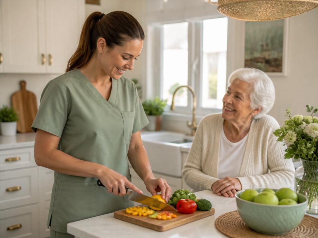Caregiver preparing a healthy meal with a senior client